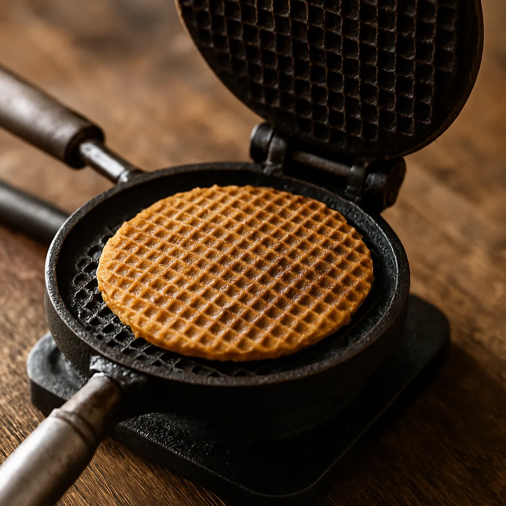 Verse stroopwafel wordt gebakken in traditioneel Hollands wafelijzer