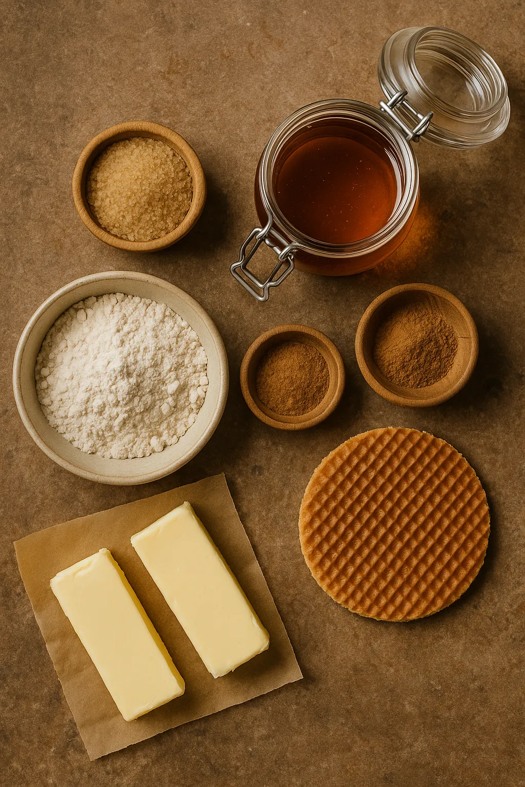 Bloem, boter, bruine suiker, eieren en kaneel op een werkblad – de basisingrediënten voor een stroopwafel
