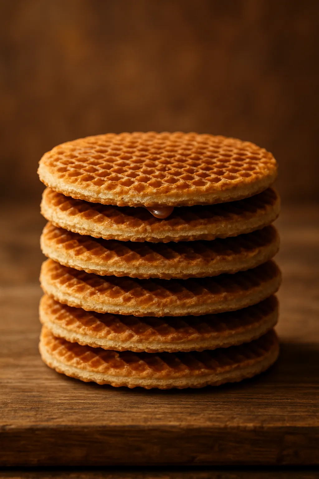 Perfect gestapelde Nederlandse stroopwafels met glanzende karamelstroop